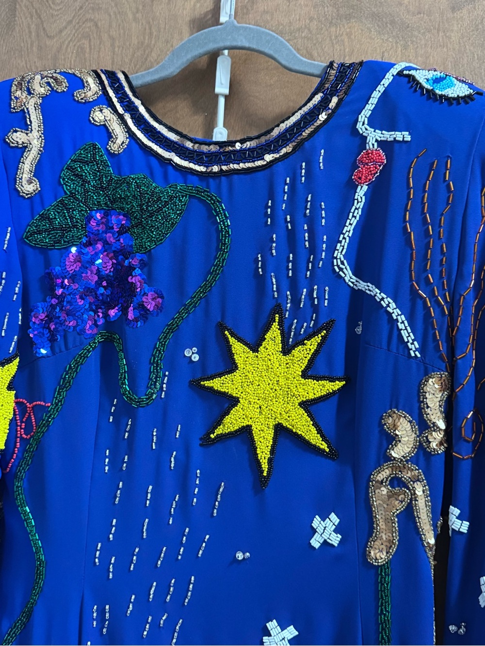 Vintage Ornate Pop Art Embellished Royal Blue Dress w/Beaded Appliqués - Picture 15 of 16